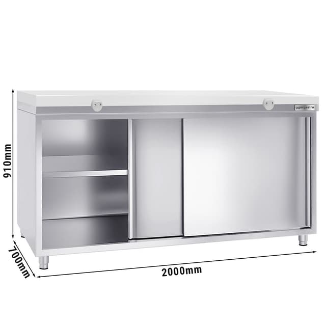 Edelstahl Arbeitsschrank PREMIUM - 2000x700mm - mit Schiebetür ohne Aufkantung inkl. Schneidplatte