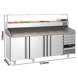 Pizzakühltisch PREMIUM - 2150x800mm - mit 3 Türen & 3 Schubladen - inkl. Kühlaufsatzvitrine - 10x GN 1/3