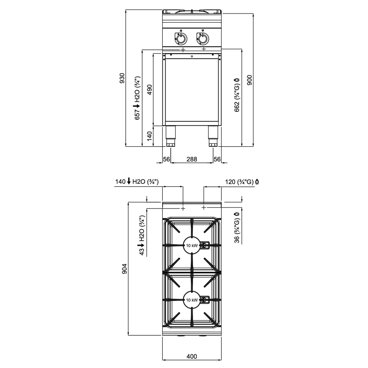 Gasherd - mit 2 Brennern - 20 kW - Hochleistungsmodell