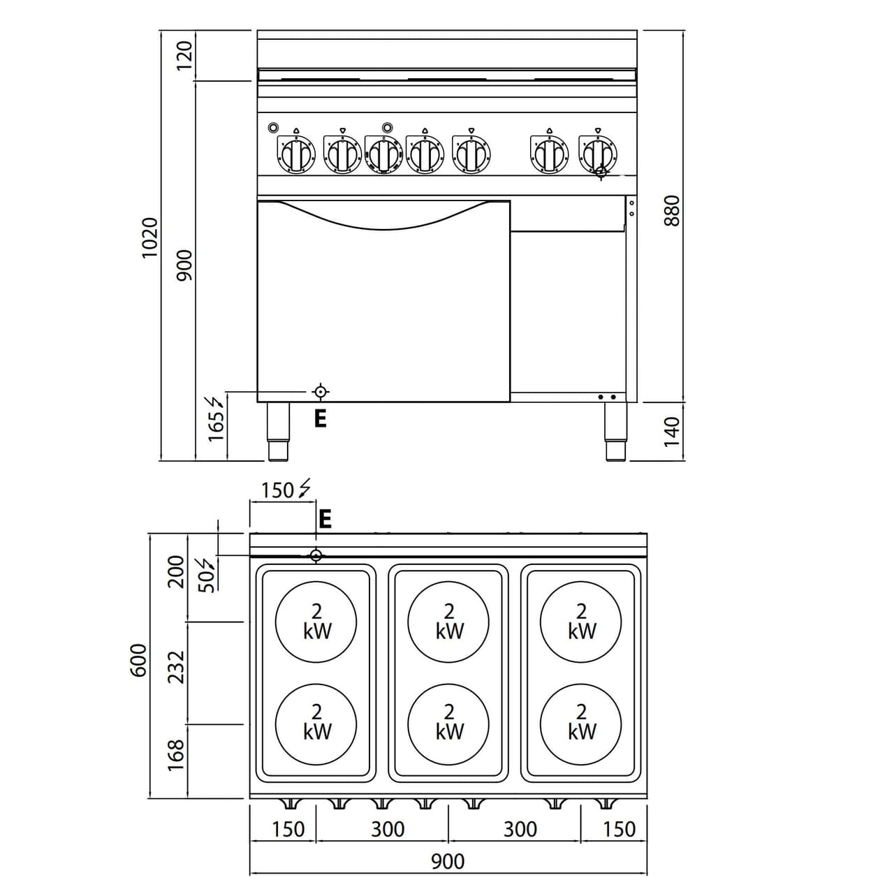 Elektroherd - 12 kW - 6 Platten Rund - inkl. Elektrobackofen Umluft - 3 kW