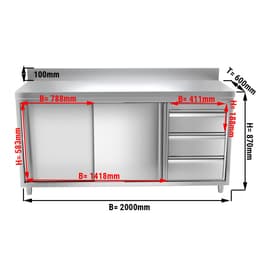 Edelstahl Arbeitsschrank PREMIUM - 2000x600mm - mit 3 Schubladen rechts & Aufkantung