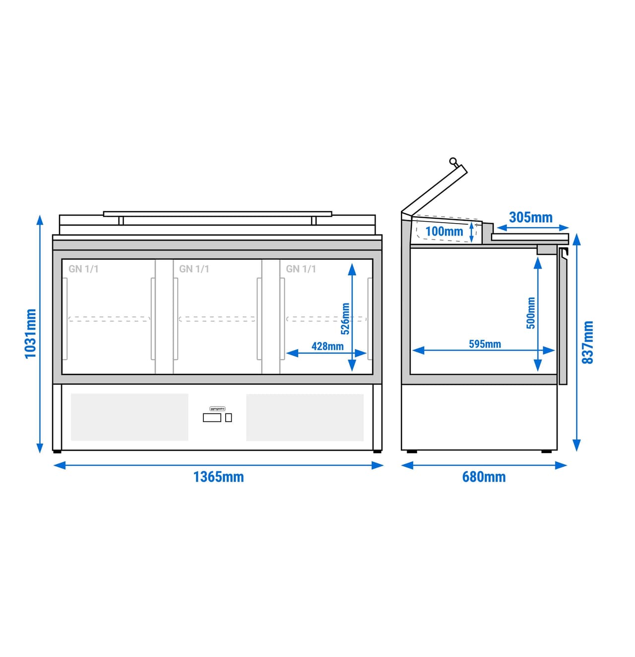 Saladette PREMIUM - 1365mm - 3 Türen - mit Einlass für 7x GN 1/3 & Glasdeckel