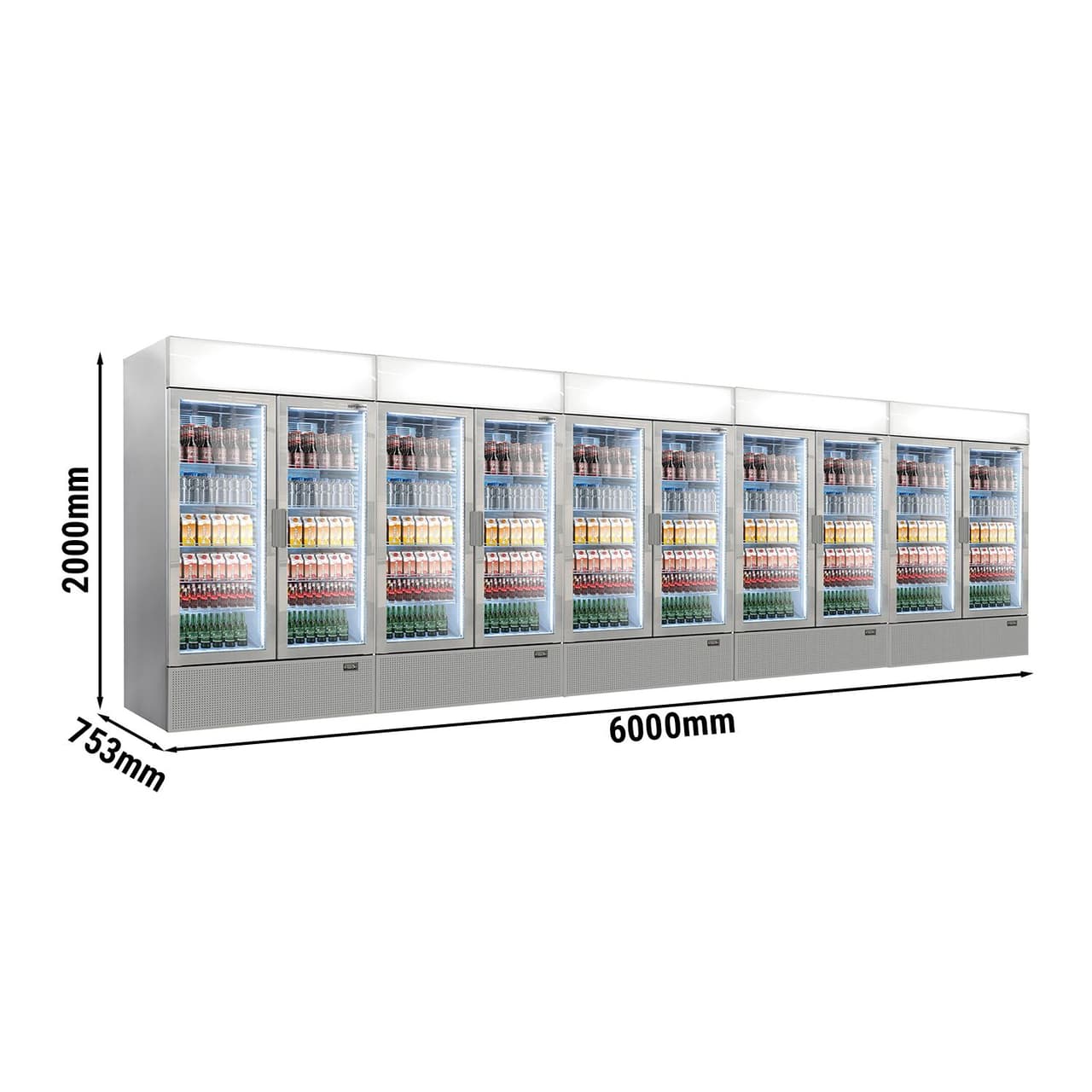 (5 Stück) Getränkekühlschrank - 6000 Liter - rahmenloses Design - mit 10 Glastüren & Werbedisplay