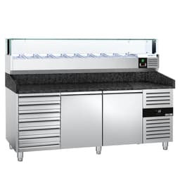 Pizzakühltisch PREMIUM - 2000x800mm - mit 2 Türen & 7 Schubladen - inkl. Kühlaufsatzvitrine LED - 9x GN 1/3