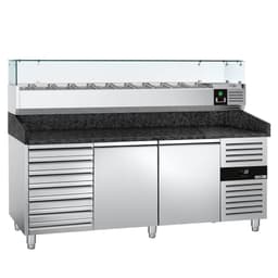 Pizzakühltisch PREMIUM - 2000x800mm - mit 2 Türen & 7 Schubladen - inkl. Kühlaufsatzvitrine - 10x GN 1/4