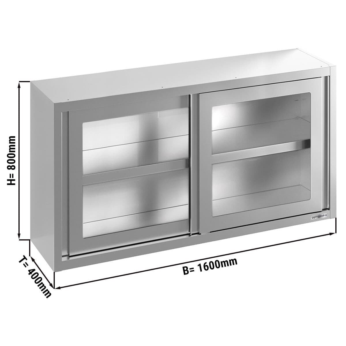 Edelstahl Wandhängeschrank - 1600x400mm - mit Glasschiebetür - 800mm hoch