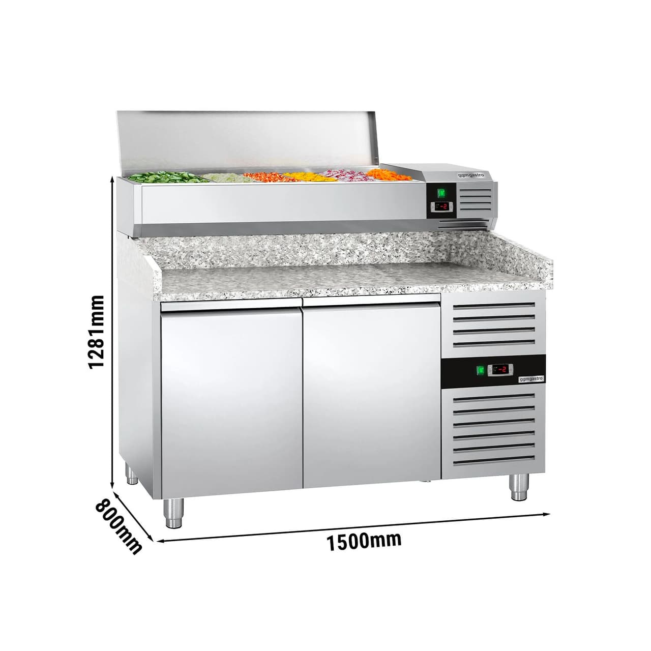 Pizzakühltisch PREMIUM - 1500x800mm - mit 2 Türen - inkl. Kühlaufsatzvitrine - 7x GN 1/4