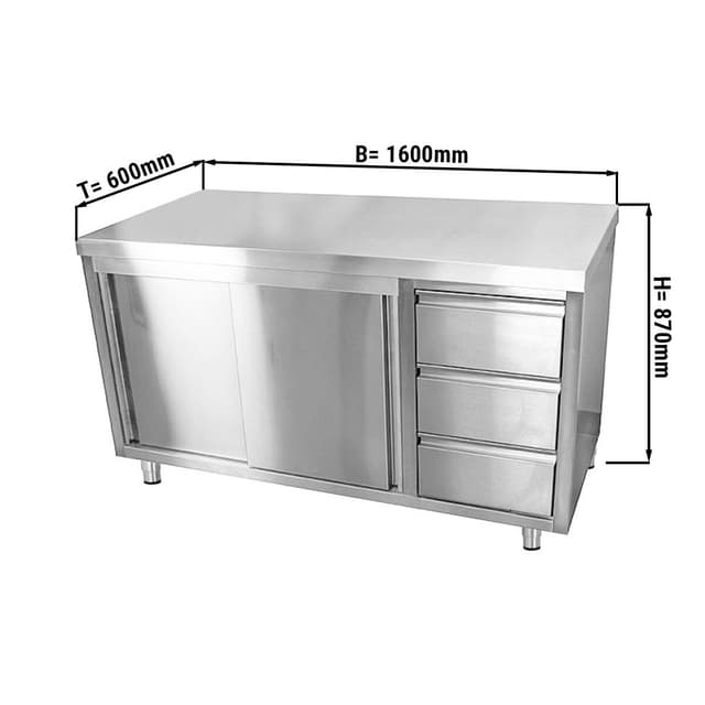 Edelstahl Arbeitsschrank ECO - 1600x600mm - mit 3 Schubladen rechts ohne Aufkantung