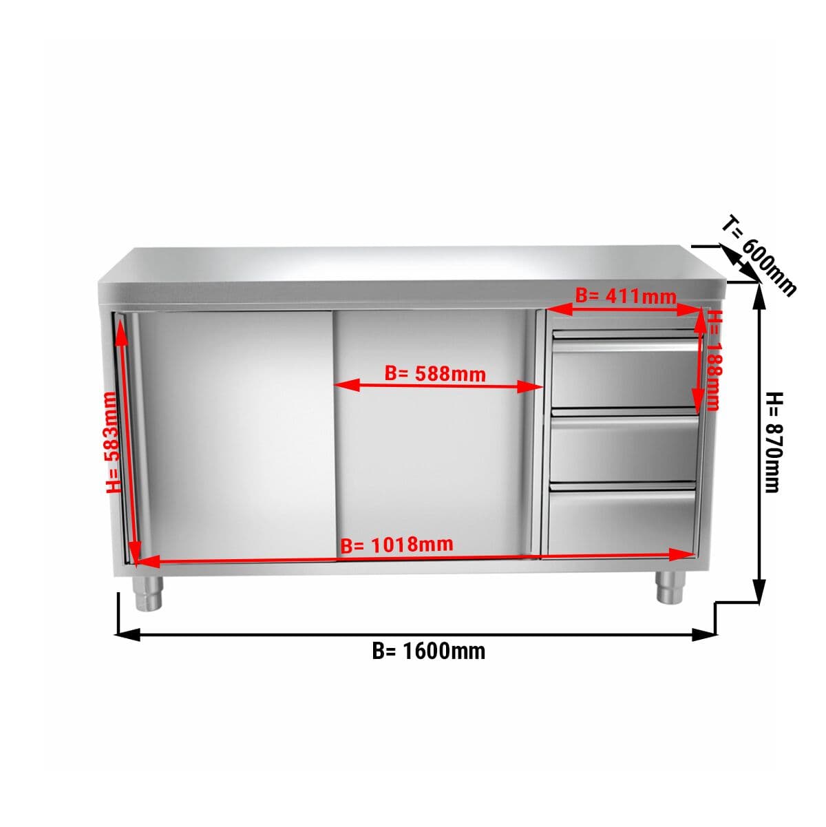 Edelstahl Arbeitsschrank PREMIUM - 1600x600mm - mit 3 Schubladen rechts ohne Aufkantung