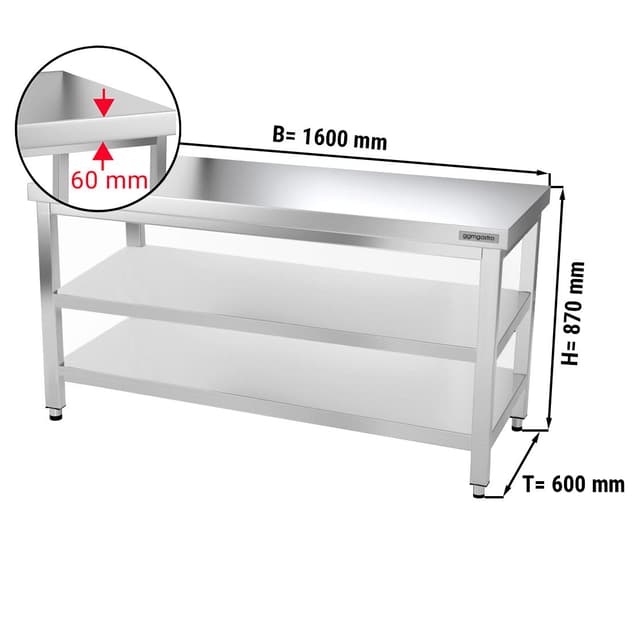 Edelstahl Arbeitstisch PREMIUM - 1600x600mm - mit Grundboden & Zwischenboden