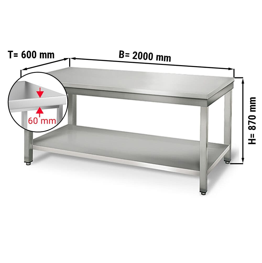 Edelstahl Arbeitstisch ECO - 2000x600mm - mit Grundboden ohne Aufkantung