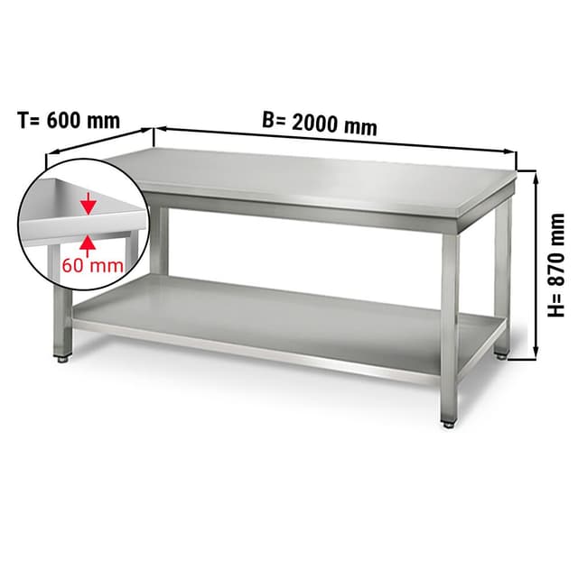 Edelstahl Arbeitstisch ECO - 2000x600mm - mit Grundboden ohne Aufkantung