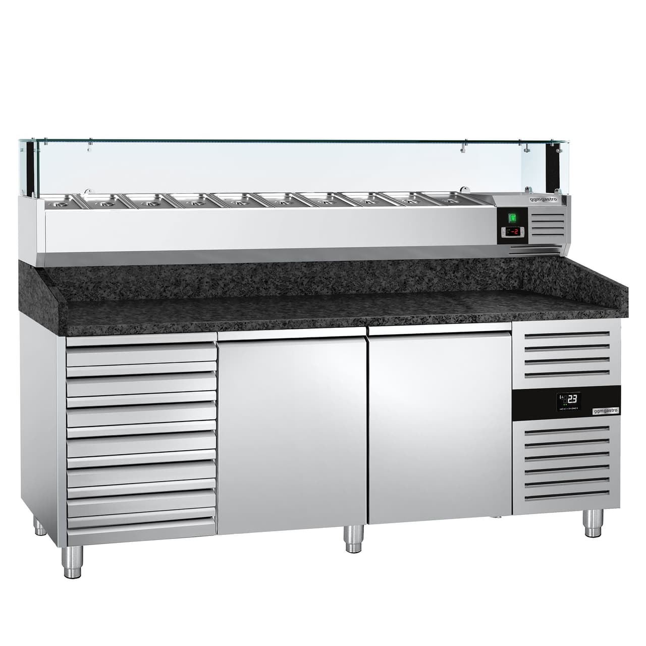 Pizzakühltisch PREMIUM - 2000x800mm - mit 2 Türen & 7 Schubladen - inkl. Kühlaufsatzvitrine LED - 10x GN 1/4