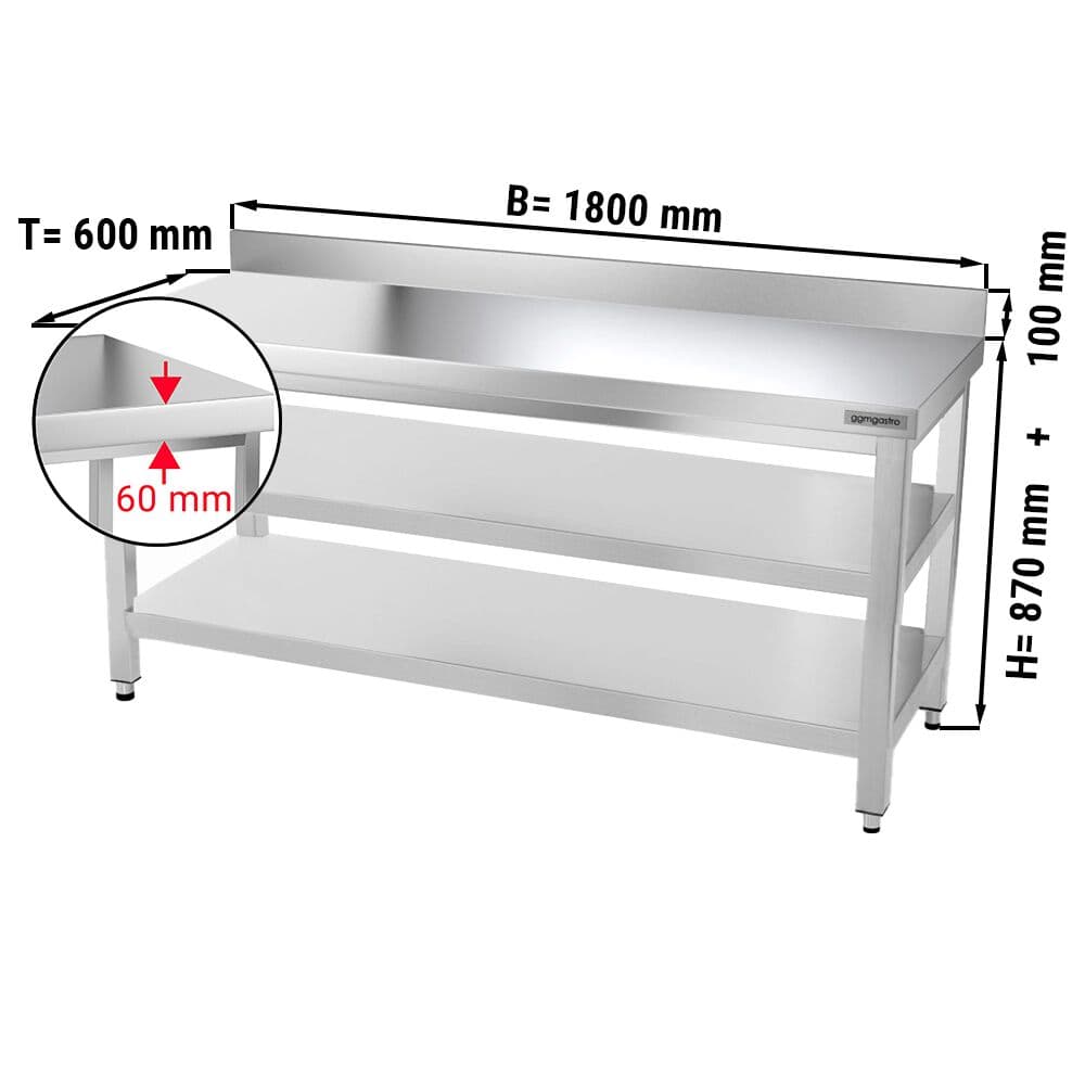 Edelstahl Arbeitstisch PREMIUM - 1800x600mm - mit Grundboden, Aufkantung & Zwischenboden