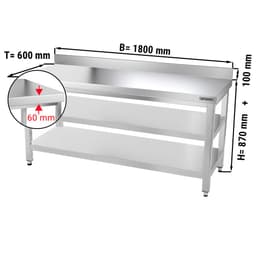 Edelstahl Arbeitstisch PREMIUM - 1800x600mm - mit Grundboden, Aufkantung & Zwischenboden