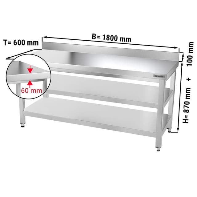 Edelstahl Arbeitstisch PREMIUM - 1800x600mm - mit Grundboden, Aufkantung & Zwischenboden