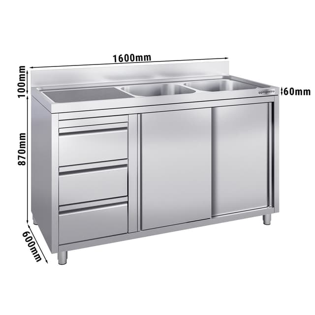 Spülschrank - 1600x600mm - mit 3 Schubladen & 2 Becken rechts