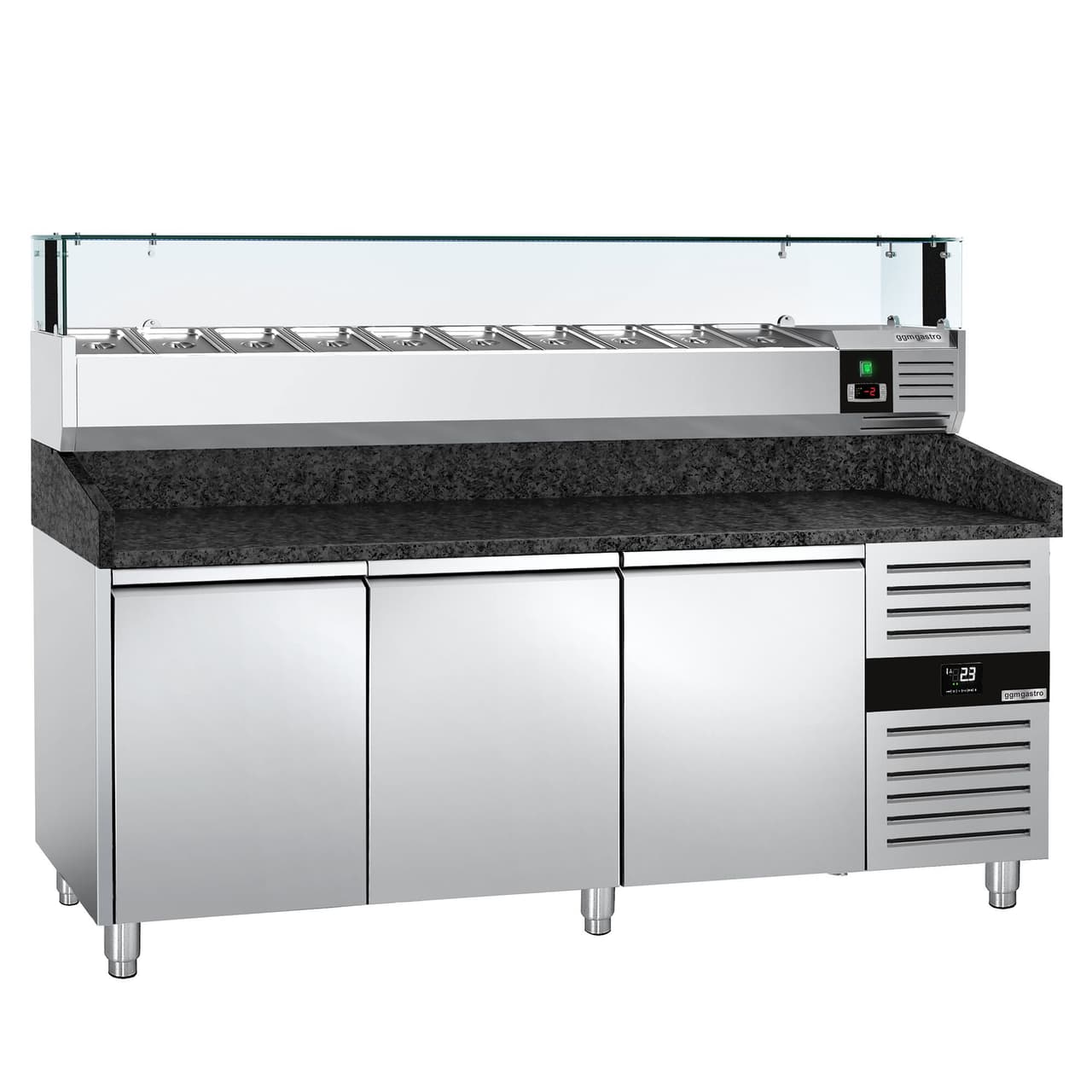 Pizzakühltisch PREMIUM - 2000x800mm - mit 3 Türen - inkl. Kühlaufsatzvitrine LED - 10x GN 1/4