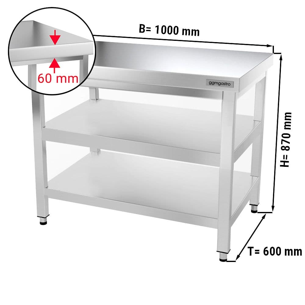 Edelstahl Arbeitstisch PREMIUM - 1000x600mm - mit Grundboden & Zwischenboden