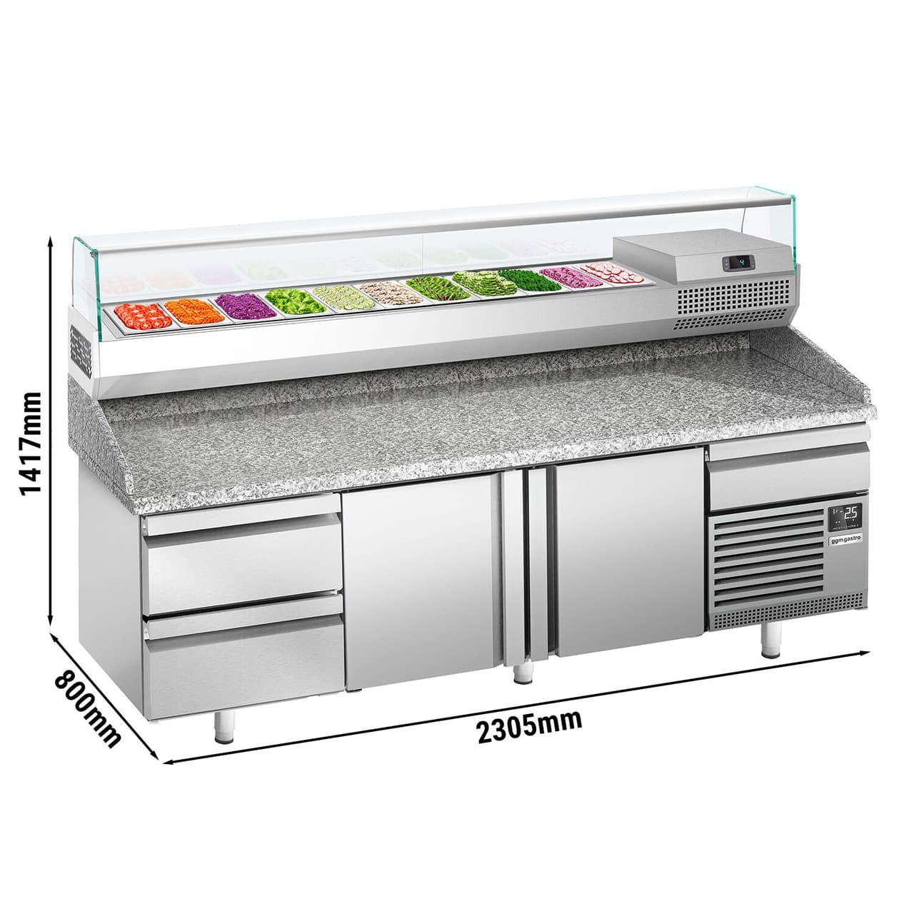 Pizzakühltisch Premium PLUS - 2305x800mm - mit 2 Türen & 2 Schubladen - inkl. Kühlaufsatzvitrine - 11x GN 1/4