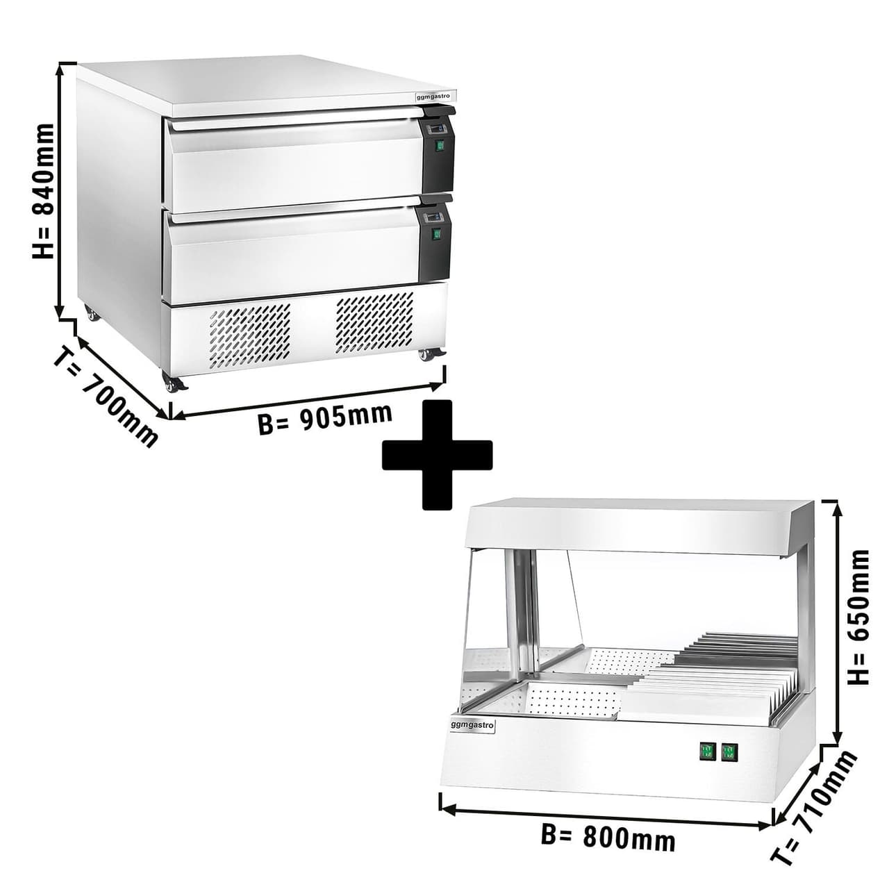 Tiefkühl/Kühl-Unterbau Kombination -22 ~ +8°C - 900mm - 2 Schubladen - inkl. Pommeswärmer