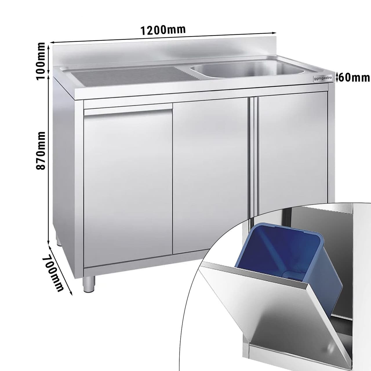 Spülschrank - 1200x700mm - mit Abfallbehälter & 1 Becken rechts