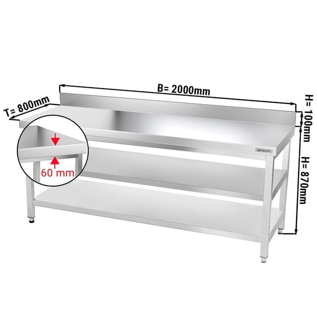 Edelstahl Arbeitstisch PREMIUM - 2000x800mm - mit Grundboden, Aufkantung & Zwischenboden