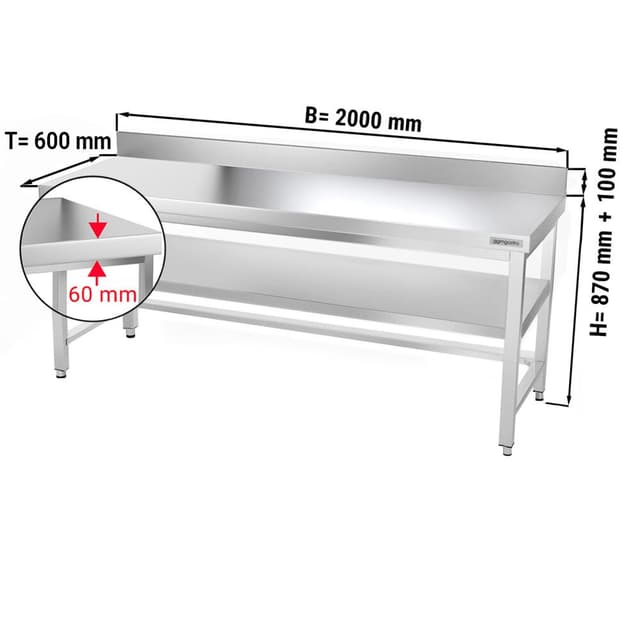 Edelstahl Arbeitstisch PREMIUM - 2000x600mm - mit Grundboden, Aufkantung & Verstrebung