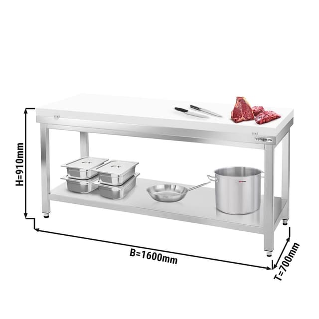 Edelstahl Arbeitstisch PREMIUM - 1600x700mm - mit Grundboden ohne Aufkantung inkl. Schneideplatte