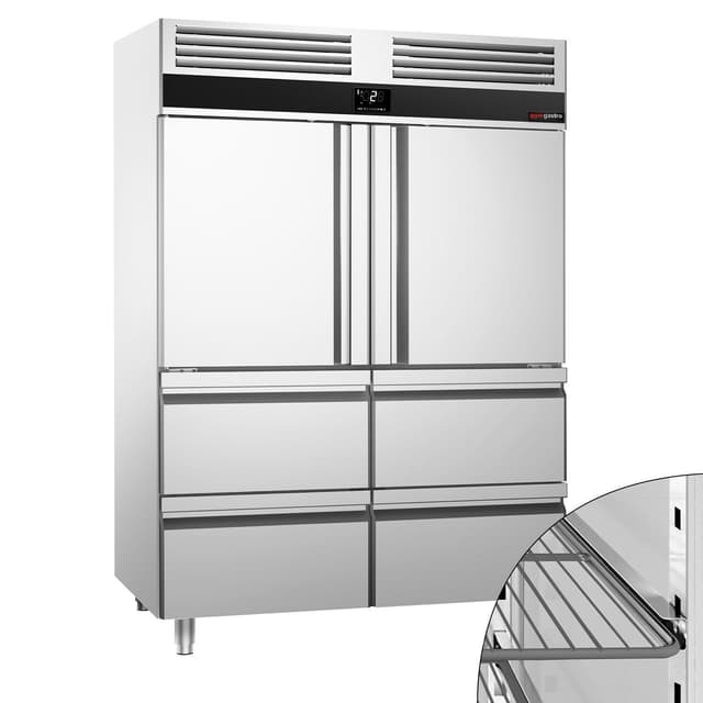 Kühlschrank Edelstahl PREMIUM - GN 2/1 - 1400 Liter - mit 2 Halbtüren & 4 Schubladen