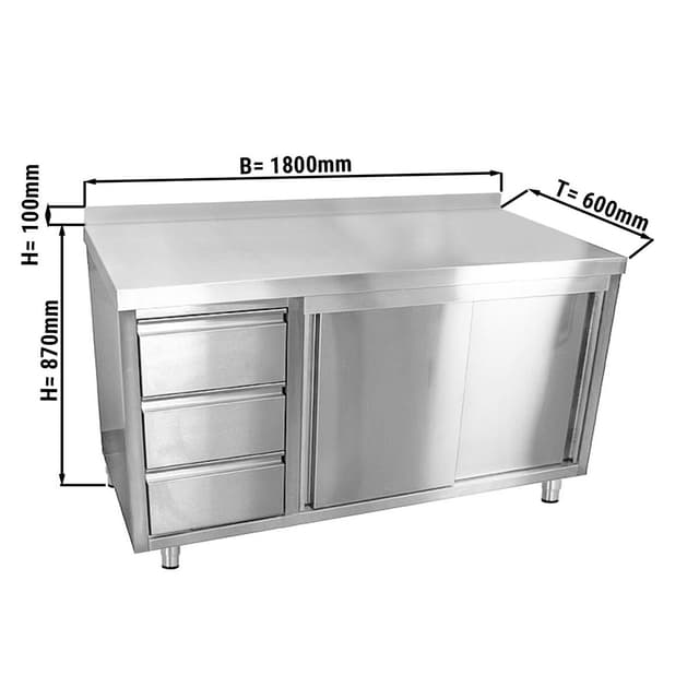 Edelstahl Arbeitsschrank ECO - 1800x600mm - mit 3 Schubladen links & Aufkantung