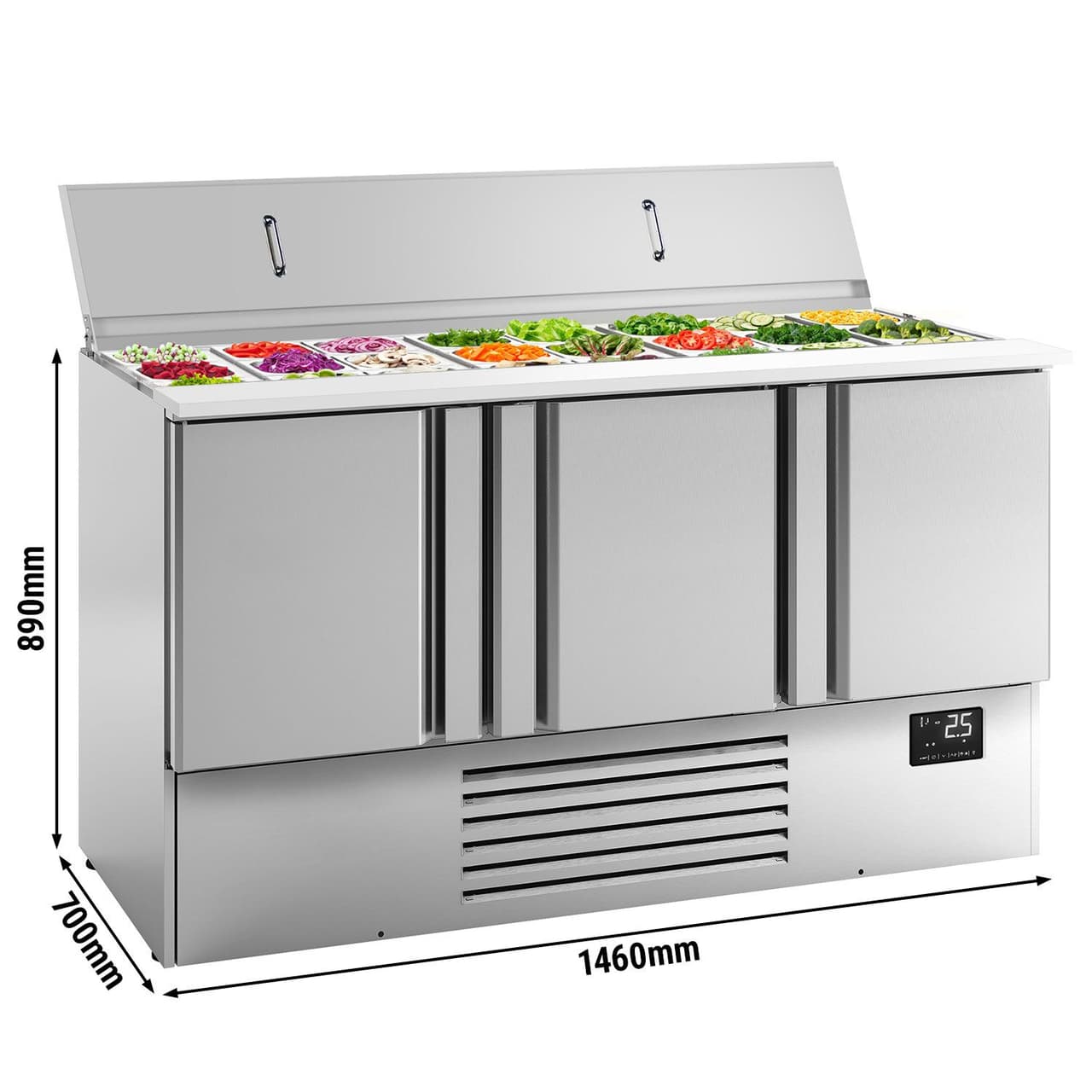 Saladette Premium PLUS - 1460mm - 3 Türen - mit Einlass für 9 x GN 1/3 & 6x GN 1/6 & Edelstahldeckel