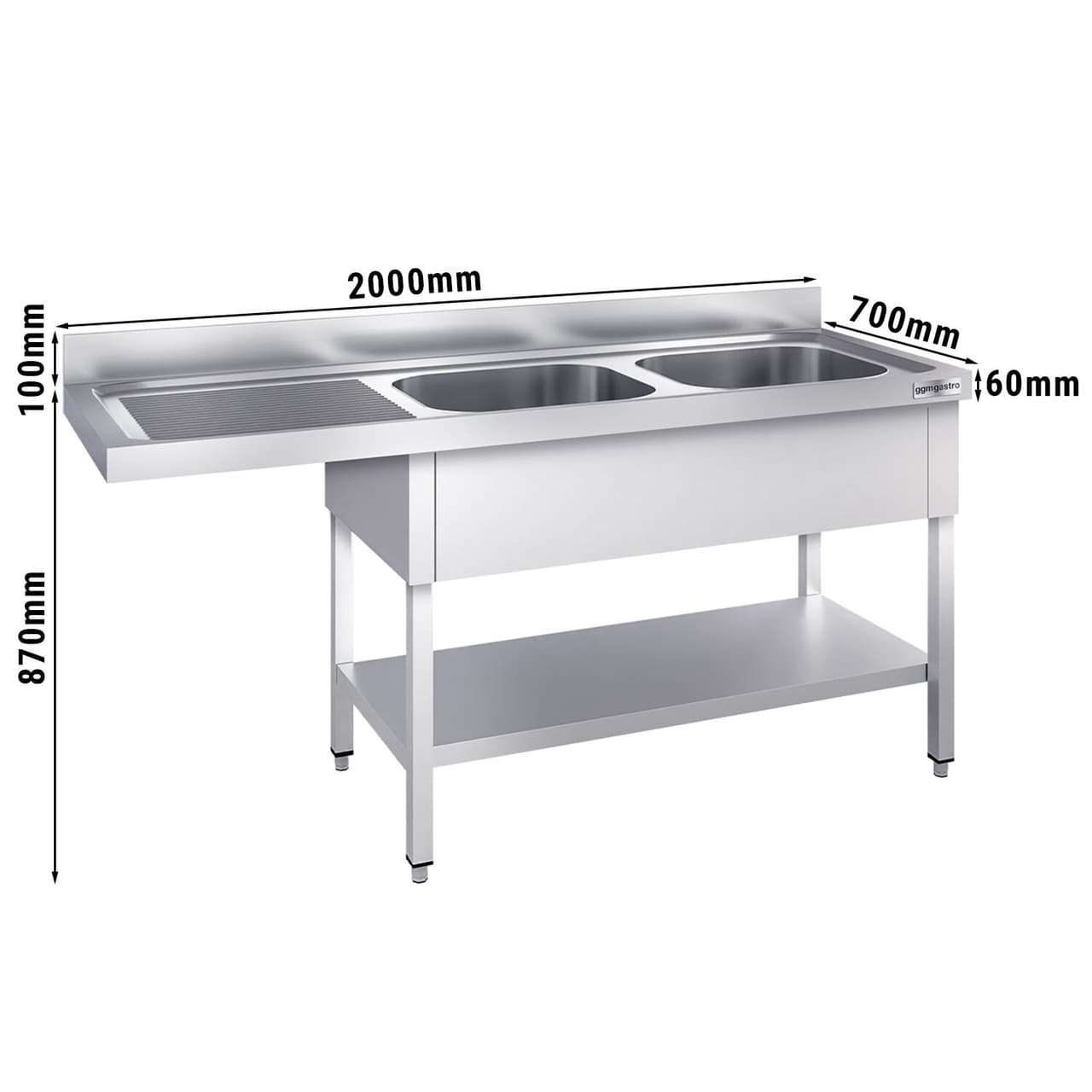 Spülmaschinen-Spültisch - 2000x700mm - mit 2 Becken rechts