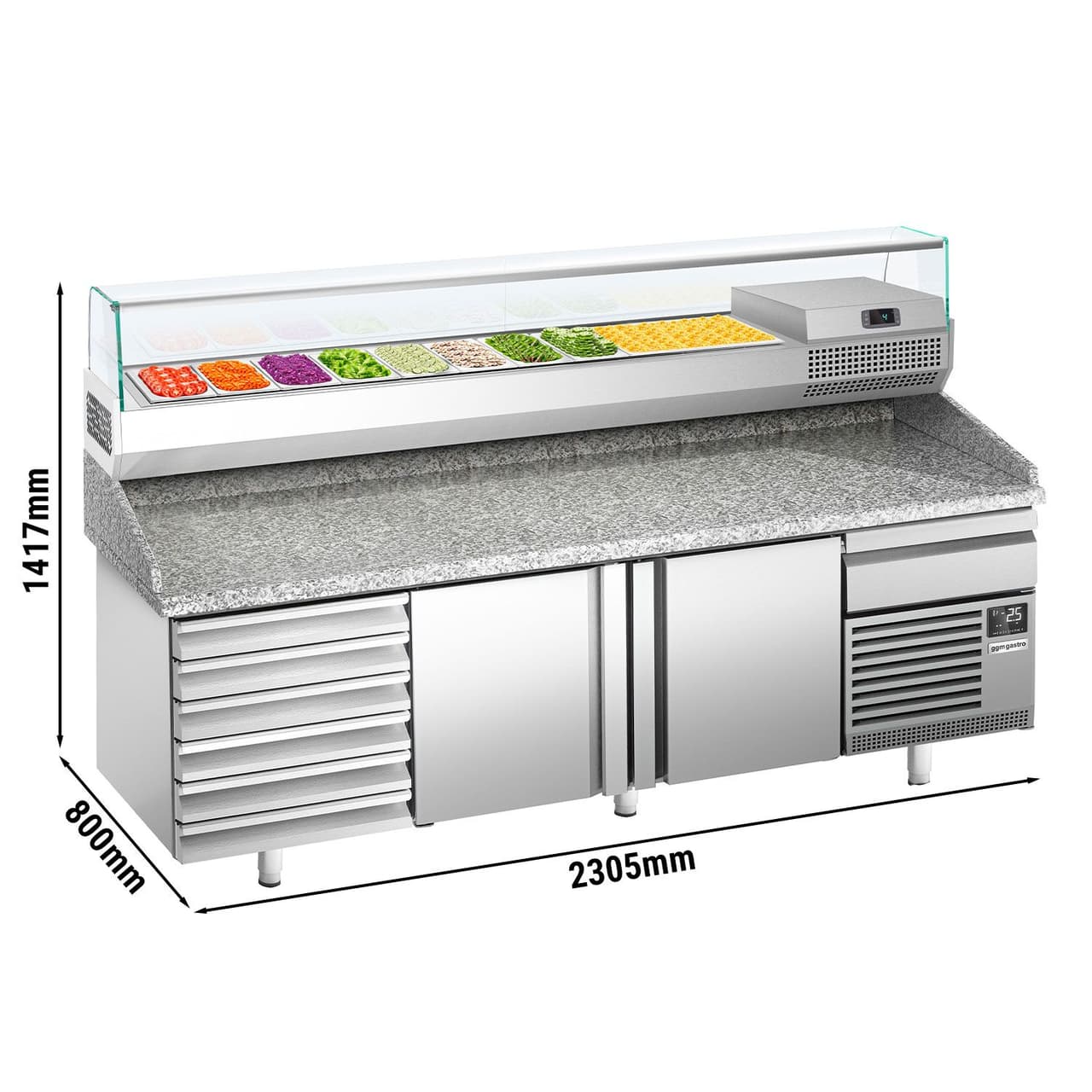 Pizzakühltisch Premium PLUS - 2305x800mm - mit 2 Türen & 6 Schubladen - inkl. Kühlaufsatzvitrine - 10x GN 1/3