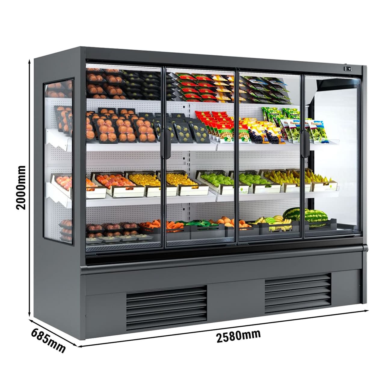 Wandkühlregal - 2580mm - 740 Liter - mit isolierten Glastüren & 2 Ablagen