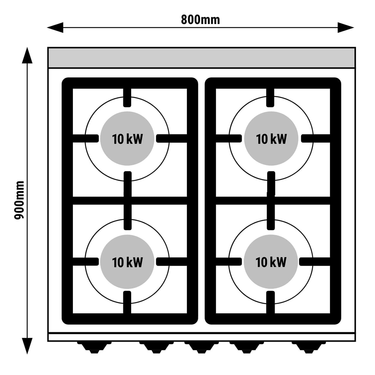 Gasherd - mit 4 Brennern - 40 kW - inkl. Gasbackofen - 7,8 kW - Hochleistungsmodell