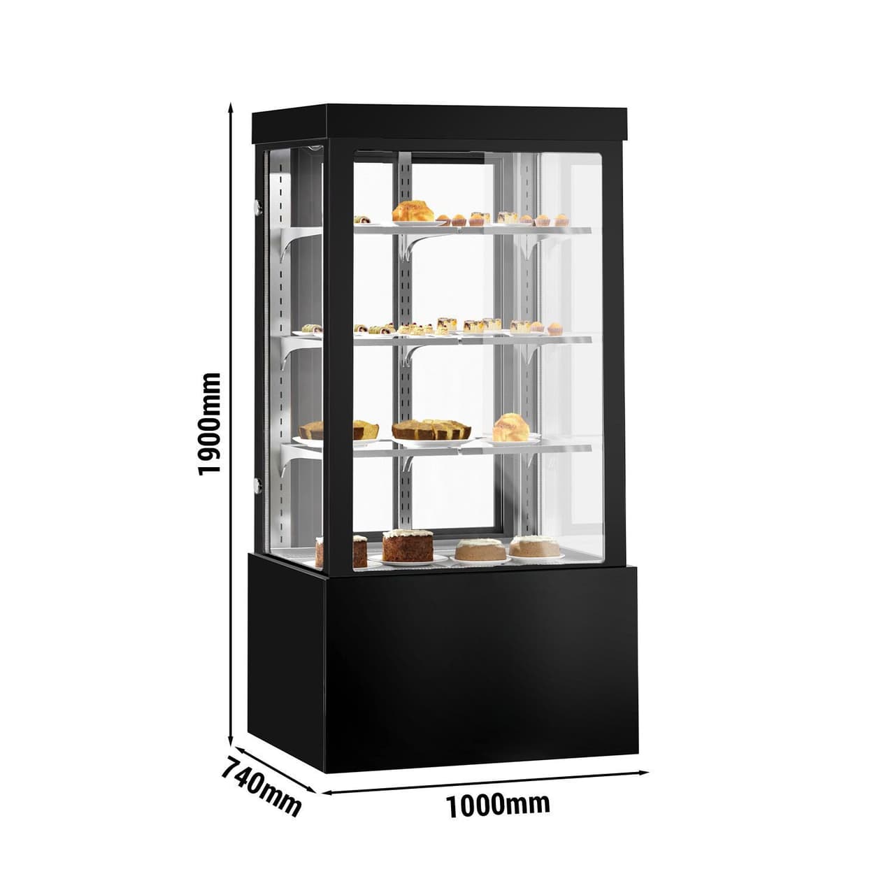 Kühl- & Kuchenvitrine - 1000mm - Doppelverglasung - mit 3 Ablagen & Spiegelfront - Schwarz