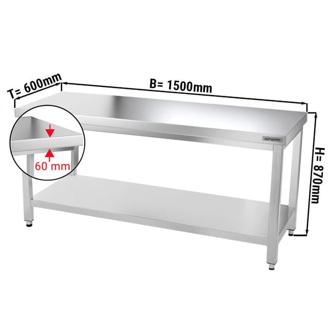 Edelstahl Arbeitstisch PREMIUM - 1500x600mm - mit Grundboden ohne Aufkantung