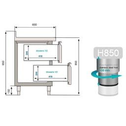 Kühltisch Premium PLUS - 2452x600mm - mit 3 Türen & 2 Schubladen & mit Aufkantung