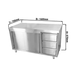 Edelstahl Arbeitsschrank ECO - 1600x700mm - mit 3 Schubladen rechts ohne Aufkantung