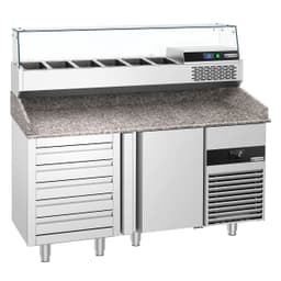 Pizzakühltisch PREMIUM - 1550x800mm - mit 1 Tür & 5 Schubladen - inkl. Kühlaufsatzvitrine - 6x GN 1/3