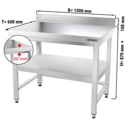 Edelstahl Arbeitstisch PREMIUM - 1000x600mm - mit Grundboden, Aufkantung & Verstrebung