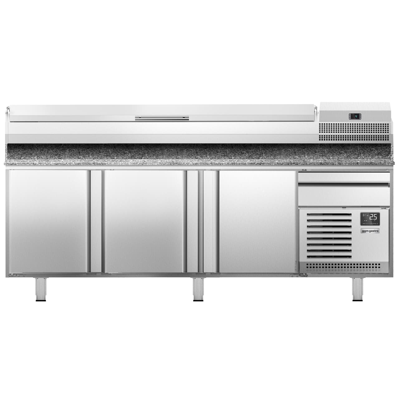 Pizzakühltisch Premium PLUS - 2305x800mm - mit 3 Türen - inkl. Kühlaufsatzvitrine - 10x GN 1/3