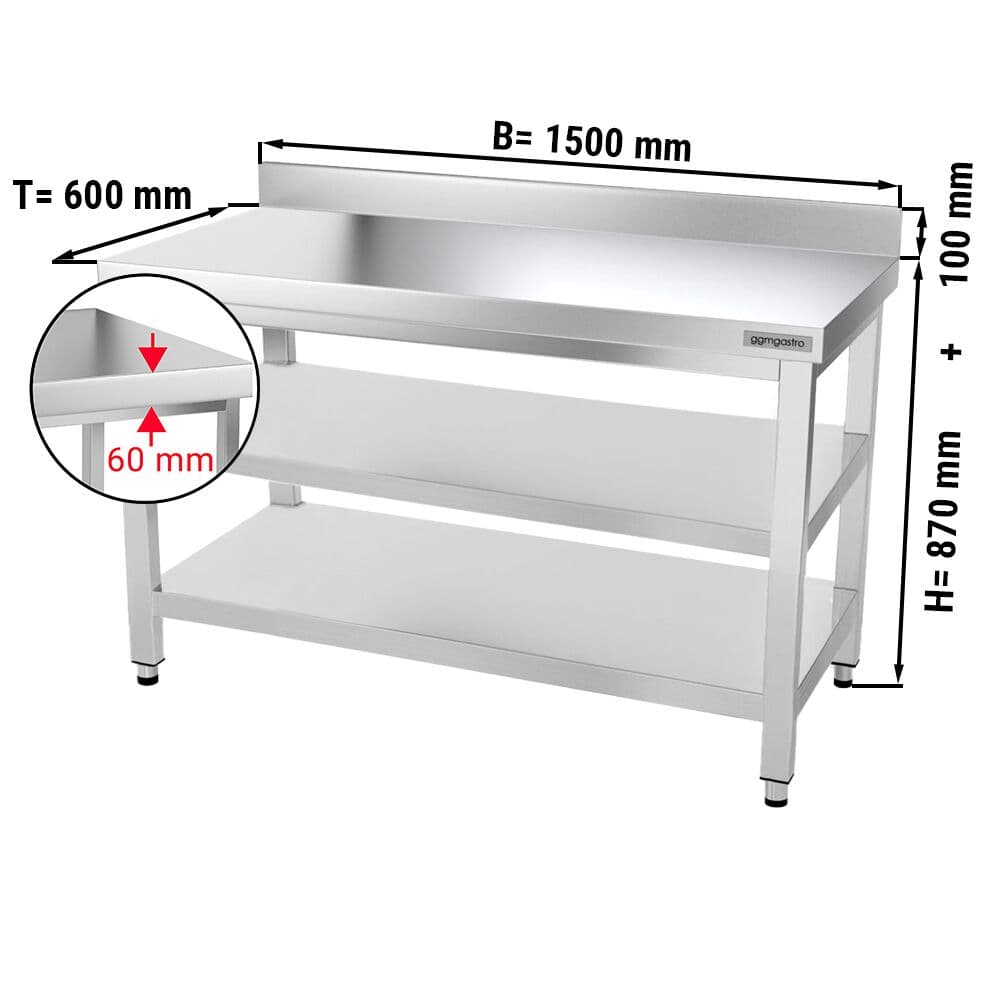 Edelstahl Arbeitstisch PREMIUM - 1500x600mm - mit Grundboden, Aufkantung & Zwischenboden