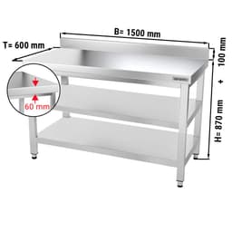 Edelstahl Arbeitstisch PREMIUM - 1500x600mm - mit Grundboden, Aufkantung & Zwischenboden