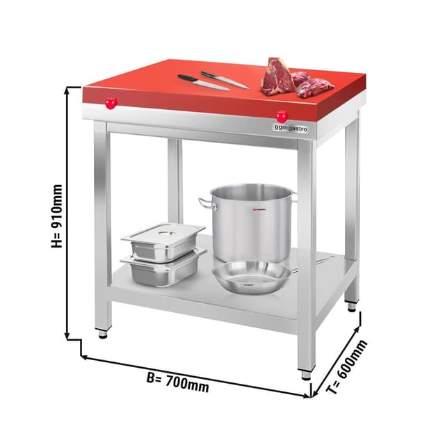 Edelstahl Arbeitstisch PREMIUM - 700x600mm - mit Grundboden ohne Aufkantung inkl. Schneideplatte