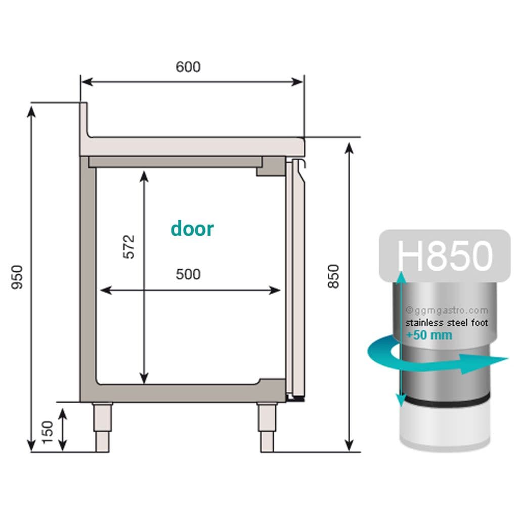 Kühltisch Premium PLUS - 1468x600mm - mit 1 Tür & 2 Schubladen & mit Aufkantung