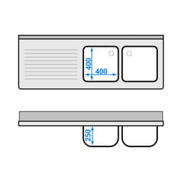 Spültisch PREMIUM - 1600x600mm - mit Grundboden & 2 Becken rechts