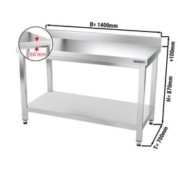 Edelstahl Arbeitstisch PREMIUM - 1400x700mm - mit Grundboden & Aufkantung