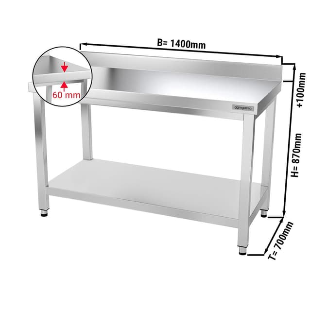 Edelstahl Arbeitstisch PREMIUM - 1400x700mm - mit Grundboden & Aufkantung